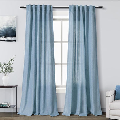 Blue Linen Curtains 102 Inches Long for Living Room 2 Panel Set Back Tab Rod Pocket Dusty Blue Semi Sheer Curtains Light Filtering Burlap Extra Long Drapes Farmhouse Decor for High Window 40x102