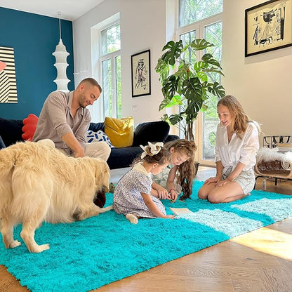 OLANLY 9x12 Machine Washable Large Area Rugs for Living Room, Bedroom, Soft Fluffy Shaggy Bedside Rug, Indoor Floor Carpet for Kids Girls and Boys, Dorms, Nursery, Home Decor Aesthetic, Teal Blue