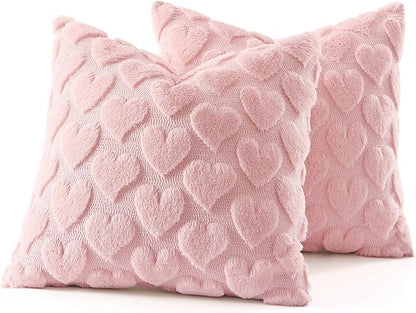 decorUhome Valentine’s Day Soft Plush Throw Pillow Covers 20x20 Inch Set of 2, Faux Fur Pink Heart Decoration Neutral Square Pillow Covers for Couch Sofa Bed Cozy Farmhouse Holiday Decor
