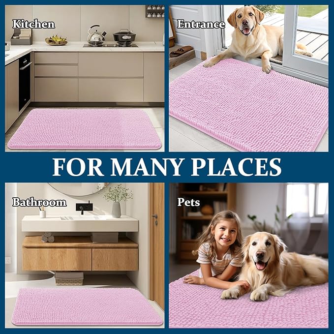 OLANLY Dog Door Mat for Muddy Paws 59x35, Absorbs Moisture and Dirt, Absorbent Non-Slip Washable Doormat, Quick Dry Chenille Mud Mat for Dogs, Entry Indoor Entryway Carpet for Inside Floor, Pink