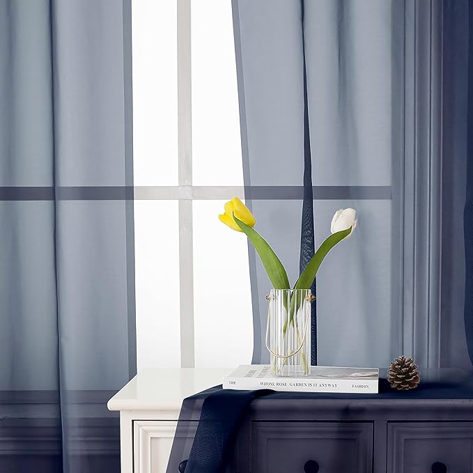 Lecloud Volie Sheer Curtains Blue Tiers 36 Inches Long 2 Pieces Set, Gauzy Solid Window Small Curtain for Bedroom Livng Room Bathroom Kitchen, Dual Rod Pockets Cupboard Tier Light Reducing 40x36 Inch