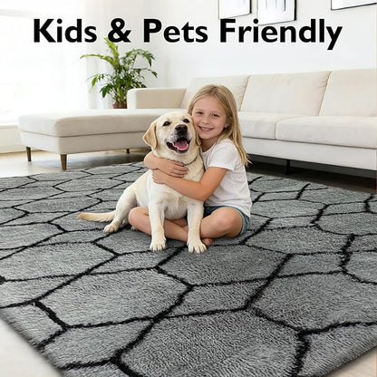 Shag Area Rug for Bedroom 5x8,Fluffy Area Rugs for Living Room,Geometric Soft Fuzzy Rug Non-Shedding Indoor Plush Carpet for Kids Bedroom Nursery Dorm Home Christmas,Grey and Black