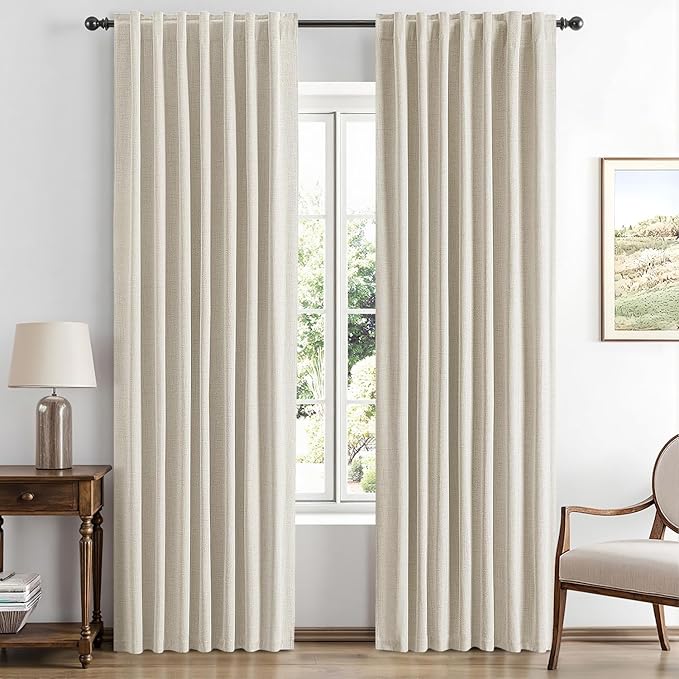 MIULEE 100% Blackout Linen Curtains for Bedroom, Linen Beige Solid Luxury Decor Thermal Insulation Room Darkening Drapes for Living Room Nursery Back Tab Rod Pocket 42 x 63 Inches, 2 Panels