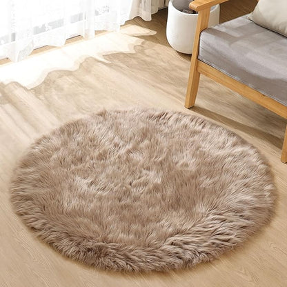 ORINOVA Beige 3ft Round Fluffy Shaggy Rug Washable Soft Area Rug for Living Room Bedroom Cute Room Decor Circle Nursery Rug Faux Fur Carpet