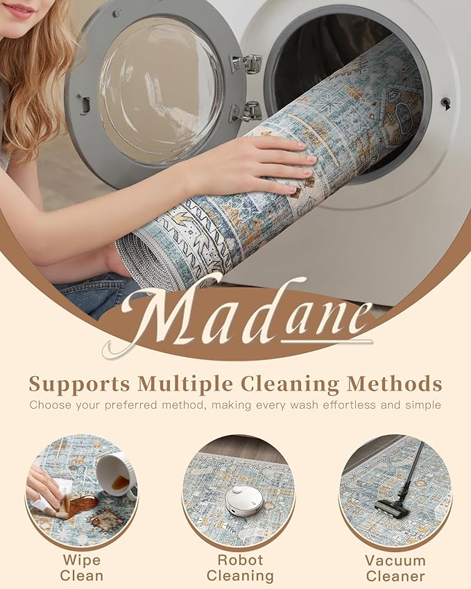 Madane Runner Rug 2x8, Washable Hallway Runner Rugs, Non-Slip Low-Pile Soft Kitchen Rug Runner Laundry Room Rug, Vintage Throw Entry Foyer Mat for Entrance Living Room (Blue/Gold, 2 x 8)