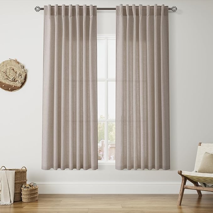 Nanspring Ecru Curtains 63 Inch Length for Living Room Linen Blend Luxury Light Filtering Semi Sheer Curtain Back Tab Rustic Decor Natural Farmhouse Elegant Boho Drapes for Bedroom 52x63, 2 Panels