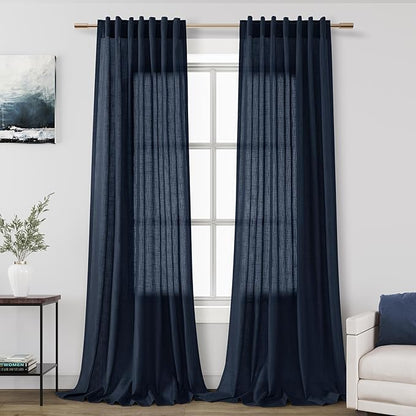 Navy Blue Curtains 84 inch Length for Bedroom Back Tab Rod Pocket Modern Nautical Farmhouse Decor Slub Linen Textured Dark Blue Semi Sheer Window Curtains 2 Panels Set for Dining Room Office Indigo