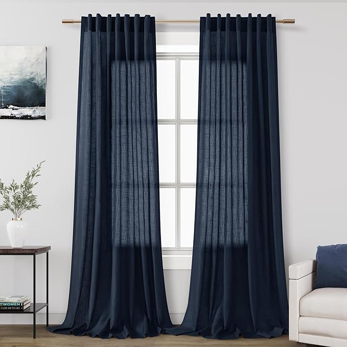 Nanspring Navy Blue Extra Long Curtain 102 inches Long 2 Panels Set for Living Room Back Tab Modern Farmhouse Coastal Decor Cotton Textured Blue Sheer Linen Curtains for High Window 52x102 Indigo