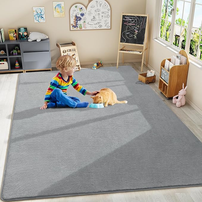 Amearea Large Modern Area Rugs for Bedroom Living Room, 8x10 Feet Grey Thickened Memory Foam Rug, Fluffy Indoor Washable Rugs Non Slip Minimalist Carpet for Boys Girls Dorm Nursery Room Decor