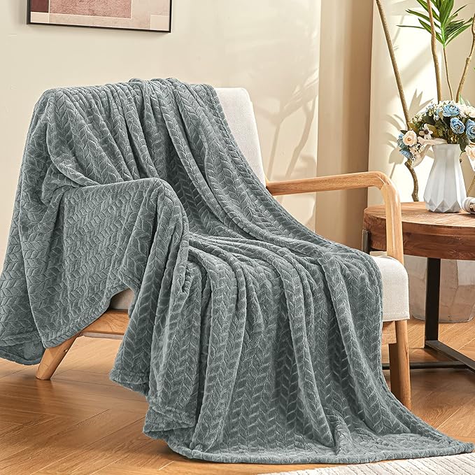 inhand Grey Fleece Queen Blanket for Bed, Super Soft Flannel Cozy Blankets for Adults, Lightweight Leaves Pattern Fuzzy Blanket for Office,Travel, Warm Plush Blankets for All Season, 90x90 Inches