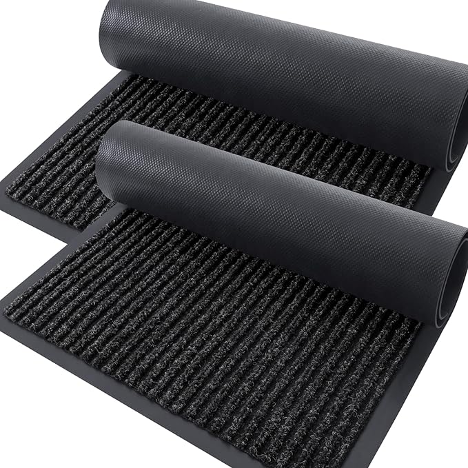 OLANLY Front Door Mat Indoor Outdoor Entrance, 2-Pack 59 x 23 Inch, Waterproof Heavy Duty Doormat, Fade Resistant, Low Profile, Easy Clean Patio Porch Welcome Floor Mats for Entry, Off-Black