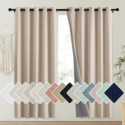 NICETOWN Cream 100% Blackout Linen Curtains 72 inch Long Burg for Playroom, 1 Pair, 62" Width Each Panel, Farmhouse Thick Completely Blackout Window Treatment Thermal Insulated Drapes
