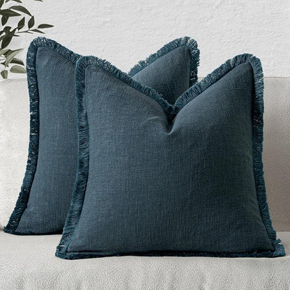 MIULEE Decorative Throw Pillow Covers Neutral Linen Fringe Throw Pillows Euro Shams Set of 2 Navy Blue Boho Farmhouse Cushion Covers for Couch Sofa Bed Living Room Spring Home Decor 22x22 Inch
