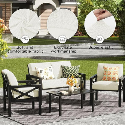 8Pcs Outdoor Cushion Covers,Patio Cushion Covers,Stretch Elastic Slipcovers,Replacement Washable Furniture Protector for Patio Couch,Jacquard Textured Twill Fabric(White,Cover Only)