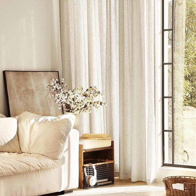 Faux Linen Beige Curtains 96 inches Long for Living Room Rustic Farmhouse Linen Drapes Semi Sheer Burlap Textured Canvas Cloth Curtain Panels Set of 2 Kahki Tan Colored