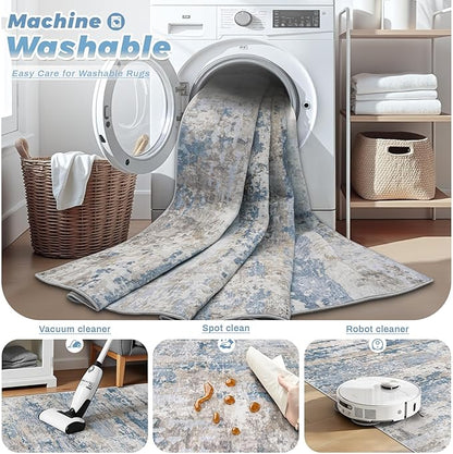 pmtsns Area Rugs 10x14 Living Room: Washable Rug Modern Abstract Neutral Soft Non-Slip Low-Pile Indoor Large Carpet for Bedroom Dining Room Playroom Home Office (Light Blue Brown, 10'x14')
