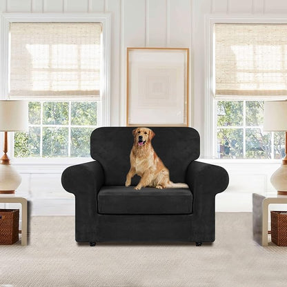 WEERRW Velvet Stretch Chair Sofa Slipcover - 2 Pieces Luxury Soft Velvet Plush Couch Cover Furniture Protector with Elastic Bottom for Pets, Machine Washable, Black, Small