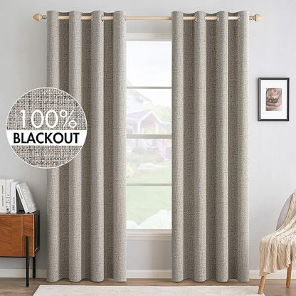 MIULEE Linen Curtains 90 Inches Curtains for Bedroom 100% Blackout Thermal Insulated Greige Curtains Grommet Room Darkening Drapes for Living Room Nursery 52x90 Inch (2 Panels)