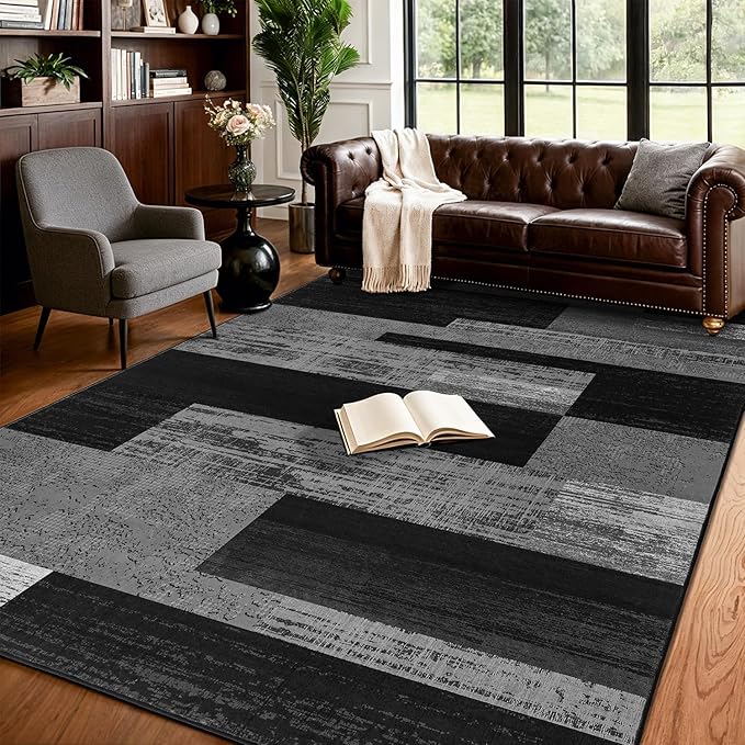 LIANLAM 5x7 Washable Area Rugs for Living Room and Bedroom, Vintage Checkered Pattern Non-Slip Carpet, Stain Resistant Low Pile Soft Rug for Dining Room,Office,Nursery,Kids Room(5x7,Gray)