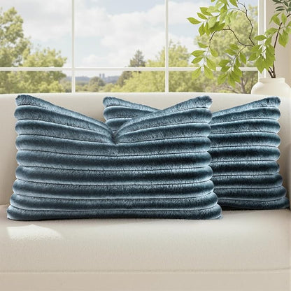 decorUhome Cozy Faux Fur Throw Pillow Covers 12x20 Set of 2 Decorative Soft Plush Striped Lumbar Modern Farmhouse Boho Couch Pillow Cases with Velvet Back for Sofa Bed Living Room, Blue Grey