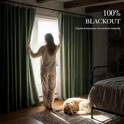 RYB HOME Forest Green 100% Blackout Linen Curtains 84 Length 52 Width, Privacy Assurd & Thermal Insulated Drapes for Bedroom/Sliding Door, Rod Pocket&Back Tab Modern Fashion Style, 2 Panels