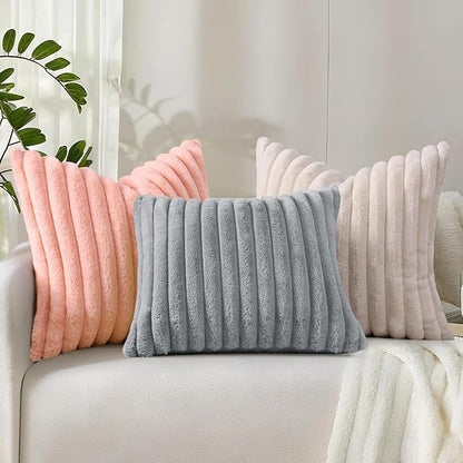 decorUhome Summer Cozy Faux Fur Throw Pillow Covers 18x18 Set of 2 Decorative Soft Plush Striped Modern Farmhouse Boho Couch Pillow Cases with Velvet Back for Sofa Bed Living Room, Beige