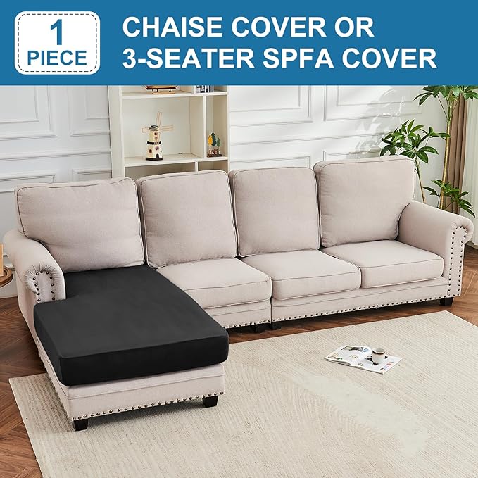 Couch Cover Velvet Chaise Cushion Cover for Sectional Sofas - Elastic L-Shaped Sofa Seat Covers Washable, Slipcover Protector (1-Piece, Black)