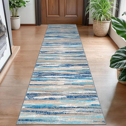 Lansny Modern Abstract Hallway Runner Rug, Blue Washable Kitchen Runner Non-Slip Soft 2x8 Runner Rug Thin Print Faux Wool Carpet for Entryway Bedroom Laundry Room Indoor