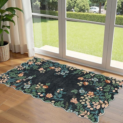 Front Door Mat Indoor Entrance - 2x4.3 Ft Black Floral Washable Layered Doormat Outdoor Entrance Porch Rug Non-Slip Boho Runner Rug for Kitchen Hallway Bedroom Laundry Room Porch Decor