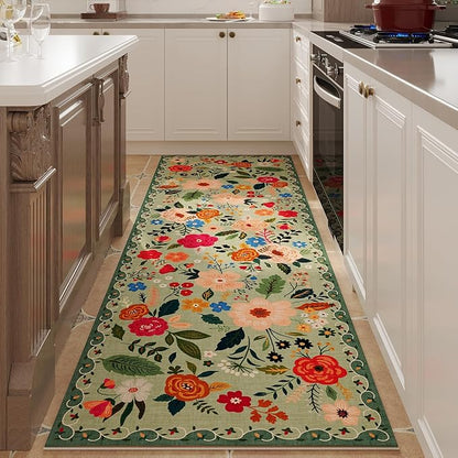 Rugcomf Runner Rug for Hallways Kitchen Rug Non Slip 2'6''x8' Washable Runner Rugs with Rubber Backing Soft Floral Carpet Runner for Hallways, Kitchen, Laundry, Bedroom, Bathroom(Green)