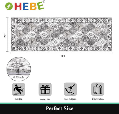 HEBE Hallway Runner Rug 2'x6' Washable Vintage Distressed Area Rugs Non Slip Laundry Rug Runner Boho Floor Carpet Runners for Hallways Entryway Laundry Room Kitchen Bathroom