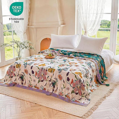 MSGKV Boho Throw Blanket 50"x60" Floral Blanket for Couch Sofa 100% Cotton Spring Breathable Lightweight Farmhouse Blankets All Seasons Home Decor Muslin