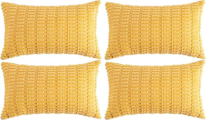 Fancy Homi 4 Packs Yellow Lumbar Decorative Throw Pillow Covers 12x20 Inch for Living Room Couch Bed Sofa, Rustic Farmhouse Boho Home Decor, Soft Striped Corduroy Rectangle Cushion Case 30x50 cm