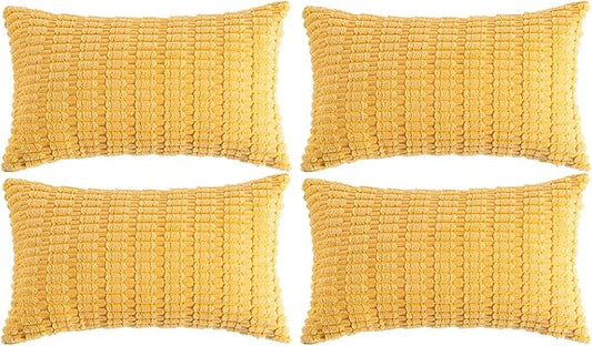 Fancy Homi 4 Packs Yellow Lumbar Decorative Throw Pillow Covers 12x20 Inch for Living Room Couch Bed Sofa, Rustic Farmhouse Boho Home Decor, Soft Striped Corduroy Rectangle Cushion Case 30x50 cm