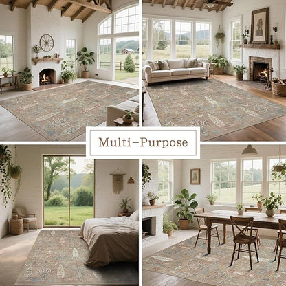 Washable Rugs 8x10 Area Rugs for Living Room,Bedroom,Dining Room-Large Ultra Soft Faux Wool Retro Carpet,Non Slip&Non-Shedding Low Pile Vintage Print Rug for Home Office Dorm Playroom-Terracotta