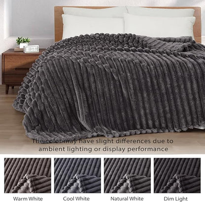 Exclusivo Mezcla Fleece Throw Blanket for Couch, Super Soft Striped Jacquard Bed Blanket, Lightweight Fuzzy Cozy for All Seasons, 50x60 Inches, Dark Grey