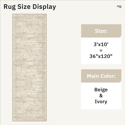 Runner Rug 3x10 Washable Non-Slip Hallway Runner Rugs for Kitchen Bathroom Laundry Room Beige Vintage Floor Carpet Runners for Hallways Entryway