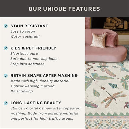 Hazo Haus Green and Blue Nursery Rug 5x8 - Washable Soft Area Rugs for Bedroom Under Bed, Living Room, Vintage Floral Butterfly Fun Indoor Floor Decor