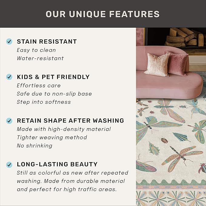 Light Blue and Pink Rug 4x6 Rugs for Bedroom Under Bed - Insect Print Multi Color Decor, Low Pile Non Slip Stain Resistant Throw Rug for Nursery Room Boys, Kitchen, Floor Carpet Aesthetic