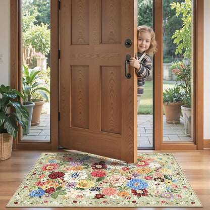 2x4 Entryway Runner Rugs, Non Slip Washable Rugs with Rubber Backing Soft Floral Carpet Runner for Kitchen, Laundry, Bedroom, Bathroom(2 x 4, Green Garden)