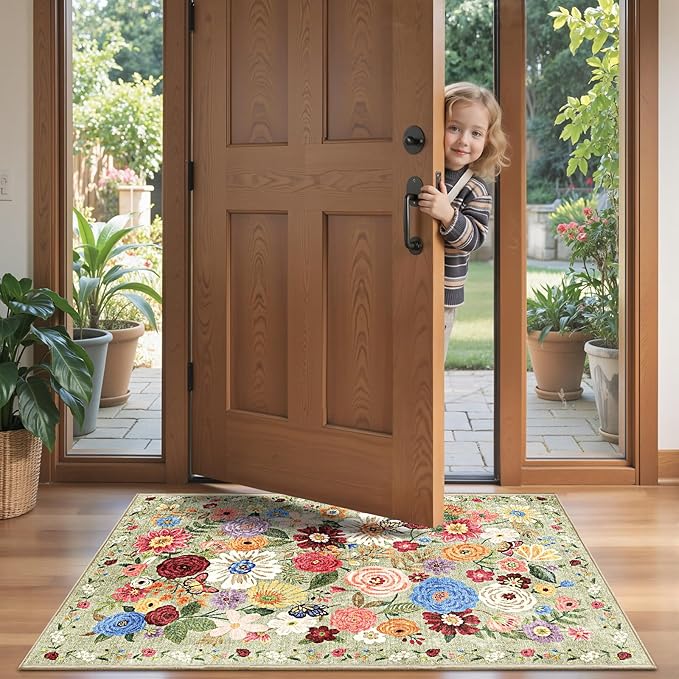 2x5 Entryway Runner Rugs, Non Slip Washable Rugs with Rubber Backing Soft Floral Carpet Runner for Kitchen, Laundry, Bedroom, Bathroom(2 x 5, Green Garden)