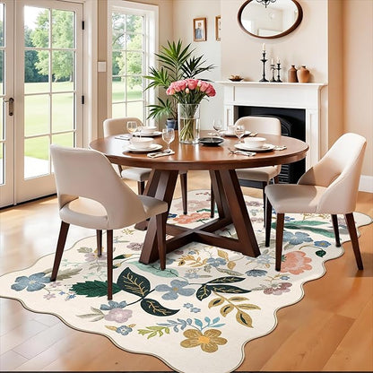 5x7 Living Room Area Rugs: Washable Floral Non-Slip Rug for Bedroom Dining Room Ultra Soft Carpet for Nursery Kitchen Home Office Farmhouse Thin Floor Mat for Teen Girls and Boys Dorms(5x7,Cream)