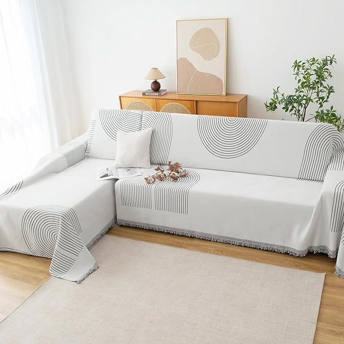 Couch Cover for Dogs, Boho Sofa Covers for 3 Cushion Couch, Chenille Sofa Slipcover for Pets Washable, L-Shape Sectional Couch Loveseat Cover Soft Throw Blankets with Tassels(71x118,Arc Grey)