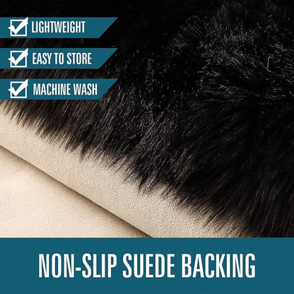 LOCHAS Soft Fluffy Faux Fur Rugs for Bedroom Bedside Rug 3x5 Feet, Washable, Furry Sheepskin Area Rug for Living Room Girls Room, Luxury Shag Carpet Home Decor, Black