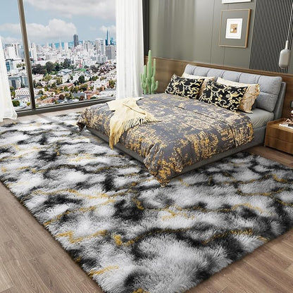 LOCHAS Ultra Soft Indoor Modern Area Rugs Fluffy Living Room Carpets for Children Bedroom Home Decor Nursery Rug 6x9 Feet, Grey-Gold