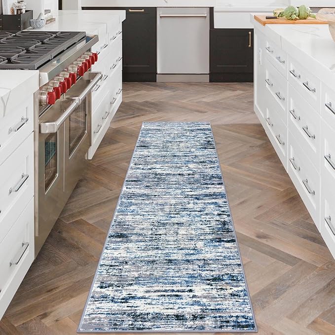 Lansny Modern Abstract Runner Rug 2x6, Grey Blue White Washable Kitchen Runner Non-Slip Soft Hallway Rug Runner Thin Print Faux Wool Carpet for Entryway Bedroom Laundry Room Indoor Home Decor