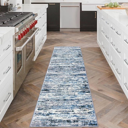 Lansny Modern Abstract Runner Rug 2x6, Grey Blue White Washable Kitchen Runner Non-Slip Soft Hallway Rug Runner Thin Print Faux Wool Carpet for Entryway Bedroom Laundry Room Indoor Home Decor