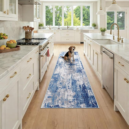 Washable Area Rugs 2x7 Non-Slip Modern Abstract Soft for Living Room Entryway Bedroom Nursery, Print Pattern, Blue Grey Navy Gray