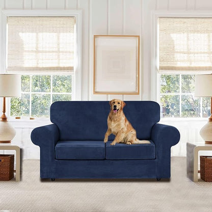 WEERRW Velvet Couch Covers for 2 Cushion Couch Sofa - High Stretch Luxury Velvet Plush 3 Pieces Sofa Slipcovers with Elastic Bottom, Furniture Protector for Pets, Machine Washable, Navy Blue, Medium
