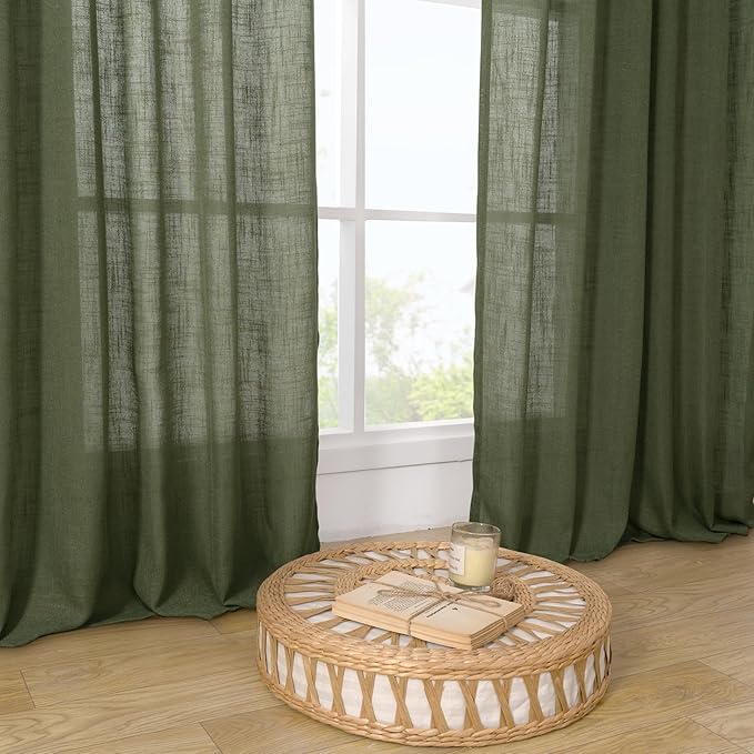 LAMIT Sheer Linen Curtains for Living Room, Back Tab and Rod Pocket Olive Green Curtains Light Filtering Country Rustic Christmas Drapes for Bedroom/Farmhouse, 2 Panels, 52 x 102 Inch